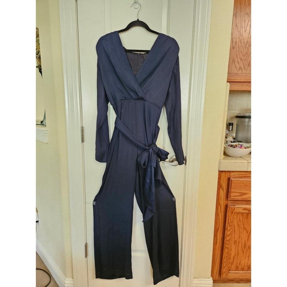 C/MEO COLLECTIVE Navy Blue Pleated Long Sleeve Wide Leg Jumpsuit Size M